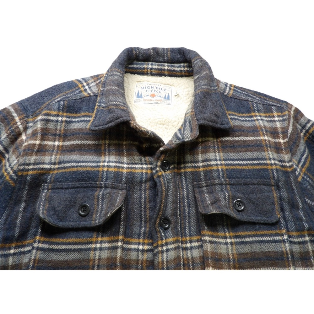Faherty Men L Vintage Blue Plaid Sherpa High Pile Fleece Wool CPO Shirt Jacket - Picture 8 of 16